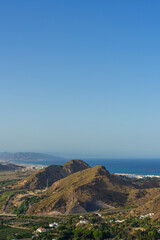 Fototapeta na wymiar Costa de Mojacar playa y Garrucha vista desde Mojacar Pueblo, desde mirador. Costa Almería, España