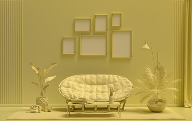 Wall mockup with six frames in solid flat  pastel light yellow color, monochrome interior modern living room with furnitures and plants, 3d rendering