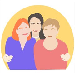 Fototapeta premium Girlfriends three young beautiful girl. A friend hugs others by the shoulders. Friendship day. Flat art vector illustration