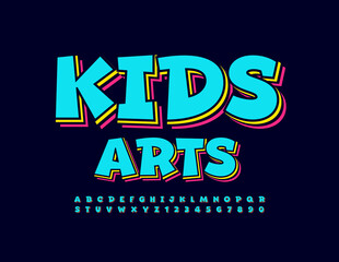 Vector bright Sign Kids Arts. Layered Colorful Font. Artistic 3D Letters and Numbers for Children