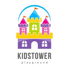 Abstract kids tower city logo playground, kids zone icon, king castle sign, bastion symbol with rainbow.Template bright logotype kids club, shop, wooden toys store, children play, baby center or park.