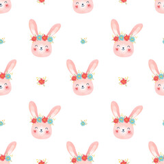 Cute seamless pattern of pink rabbit with flowers. Cartoon illustrations for print, wrapping, fabric, wallpaper.
