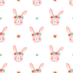 Cute seamless pattern of pink rabbit with flowers. Cartoon illustrations for print, wrapping, fabric, wallpaper.