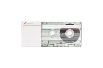 Transparent Cassette tape with Cassette tape case isolated on white background.