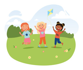Three cute litte girls are jumping on summer meadow with kite