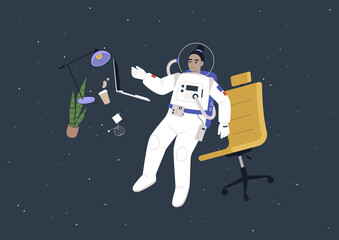 A young female Asian astronaut in a spacesuit working on their laptop in outer space, a futuristic life concept © nadia_snopek