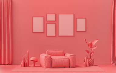 Single color monochrome light pink, pinkish orange color interior room with furnitures and plants,  5 poster frames on the wall, 3D rendering