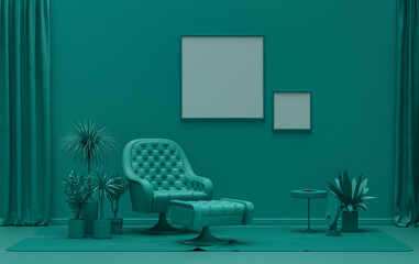 Double Frames Gallery Wall in dark green color monochrome flat room with furnitures and plants, 3d Rendering