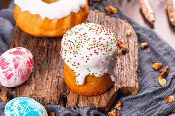 Easter cake dessert Easter eggs Holiday sweet treat on the table rustic meal top view copy space...