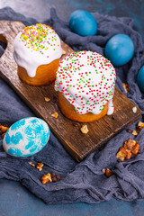 Easter cake dessert Easter eggs Holiday sweet treat on the table rustic meal top view copy space food background 