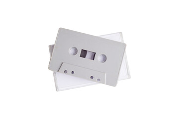 Cassette case and Cassette tape isolated on white background.	