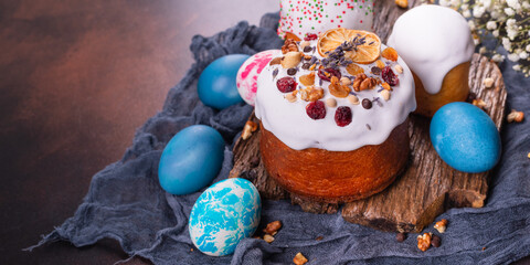Easter cake dessert Easter eggs Holiday sweet treat on the table rustic meal top view copy space food background 