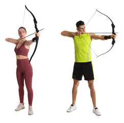 People practicing archery on white background, collage