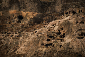 Vardzia Cave Monastery in winter, cave city, famous landmark in Georgia