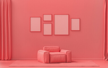 Single color monochrome light pink, pinkish orange color interior room with single chair, without plant,  5 poster frames on the wall, 3D rendering