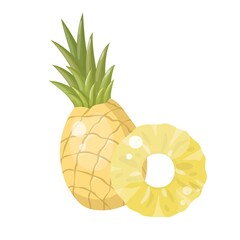 Summer fruits for healthy lifestyle. Pineapple fruit, whole and slice. Vector illustration cartoon isolated on white.