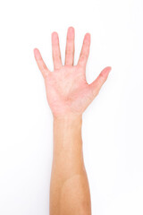 Man Right hand showing the five fingers, Hand held up and fingers outstretched isolated on white background.