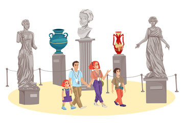 Family in the museum. Gallery with sculptures A family with children, tourists, going on a tour, with badges and headphones. Vector illustration