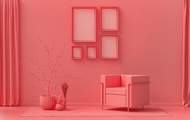 Flat color interior room for poster showcase with 5 frames  on the wall, monochrome light pink, pinkish orange color gallery wall with single chair and plants. 3D rendering