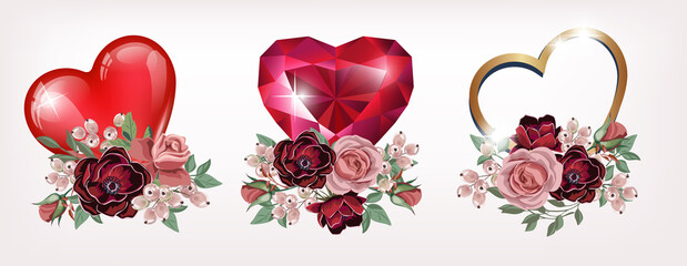 Collection of  floral borders and compositions with gold and glass hearts and wedding flowers. Template for Invitation or greeting card. Pink roses and red anemones