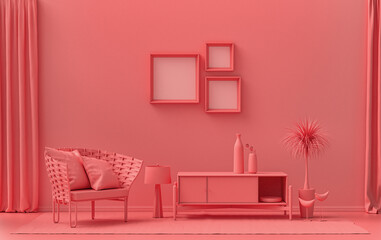 Gallery wall with three frames, in monochrome flat single light pink, pinkish orange color room with furnitures and plants,  3d Rendering