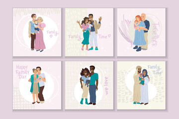 Family portraits, parents with children of different nationalities. Arab, African American, Mexican and European families. Set of square cards design.