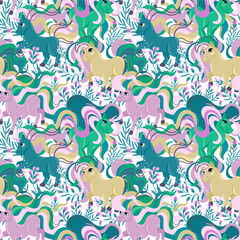 Fototapeta premium Seamless pattern unicorns. Childish girly design. Vector flat illustration. Design for paper, cover, fabric, interior decor and other users.