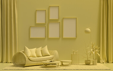 Single color monochrome light yellow color interior room with furnitures and plants,  5 poster frames on the wall, 3D rendering