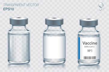 Collection of medical vaccine bottles.  Transparent vector ampoule on light background - 420835301