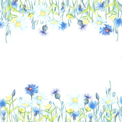 square frame of blue, purple cornflowers and daisies