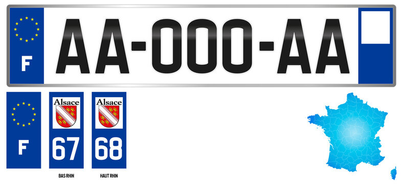 Alsace, french license plate, detail of the side label of the department, vector illustration, example of numbering