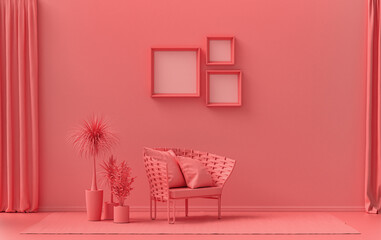 Gallery wall with three frames, in monochrome flat single light pink, pinkish orange color room with single chair and plants,  3d Rendering