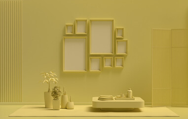 Modern interior flat light yellow color room with single chair and plants, gallery wall template with 9 frames on the wall for poster presentation, 3d Rendering