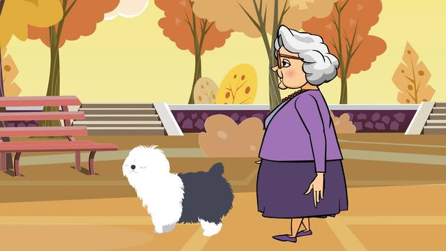 Animation of an old woman walking with a dog in a beautiful park.