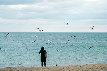 women on the beach. black sea in winter. seagulls fly in the sky