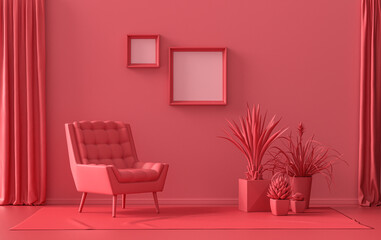 Gallery wall with 2 frames, in monochrome flat single dark red, maroon color room with single chair and plants,  3d Rendering