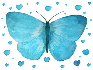 Watercolor blue butterfly for Valentine's Day for a design of post cards