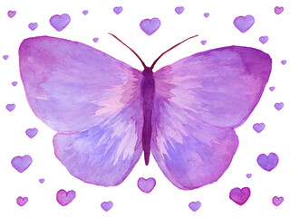 Watercolor purple butterfly with hearts for Valentine's Day for a design of post cards