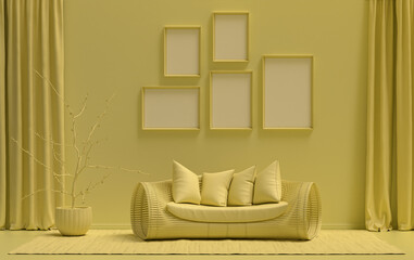 Single color monochrome light yellow color interior room with single chair and plants,  5 poster frames on the wall, 3D rendering