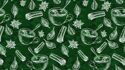 Hand drawn spices and hot drink mug. Coffee, tea, cocoa, cloves, cinnamon, leaves. Vector seamless pattern with sketches like on a chalkboard or a sheet of colored paper
