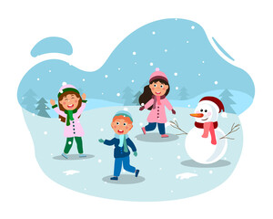 Fototapeta premium Happy little kids having fun outdoors on first snow day together