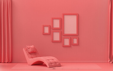Wall mockup with six frames in solid flat  pastel light pink, pinkish orange color, monochrome interior modern living room with meditation bed, without plant, 3d rendering