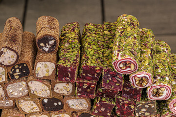 Variety of Turkish signature local foods known as Turkish Delight available for sale mostly in all areas in Turkey country