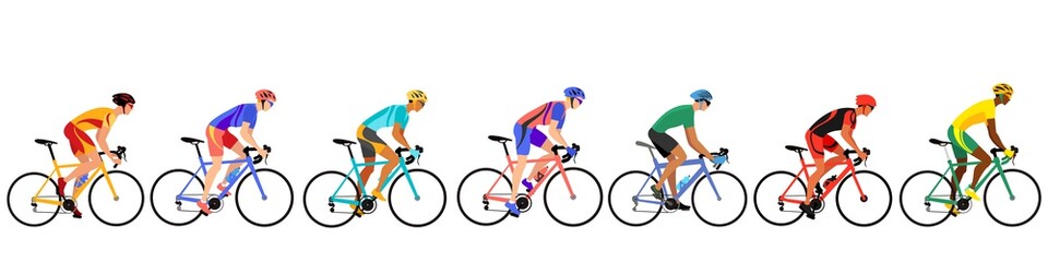A group of cyclists moving in sequence. - obrazy, fototapety, plakaty