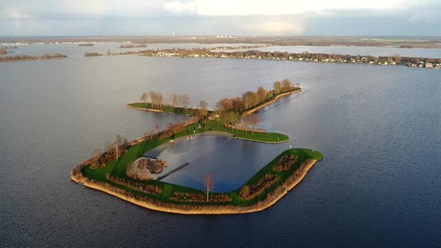 Aerial view of Meent Island an islet located in Wijdemeren is a municipality in the Netherlands in province of North Holland on western border of Het Gooi region typical location recreational boats
