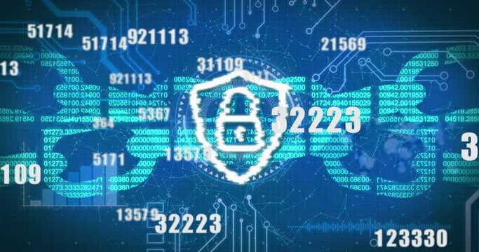 Security padlock icon and multiple changing numbers against blue background