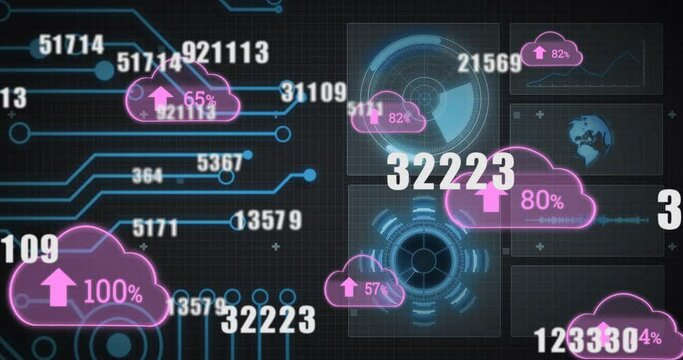 Multiple changing numbers over cloud with increasing percentage icons and data processing