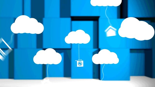 Digital icons hanging on clouds against square shapes against blue background