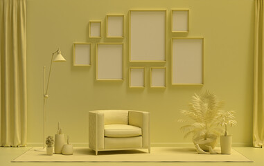 Modern interior flat light yellow color room with furnitures and plants, gallery wall template with 9 frames on the wall for poster presentation, 3d Rendering
