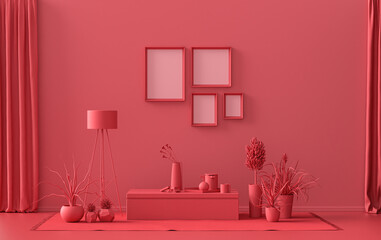 Interior room in plain monochrome dark red, maroon color, 4 frames on the wall with furnitures and plants, for poster presentation, Gallery wall. 3D rendering